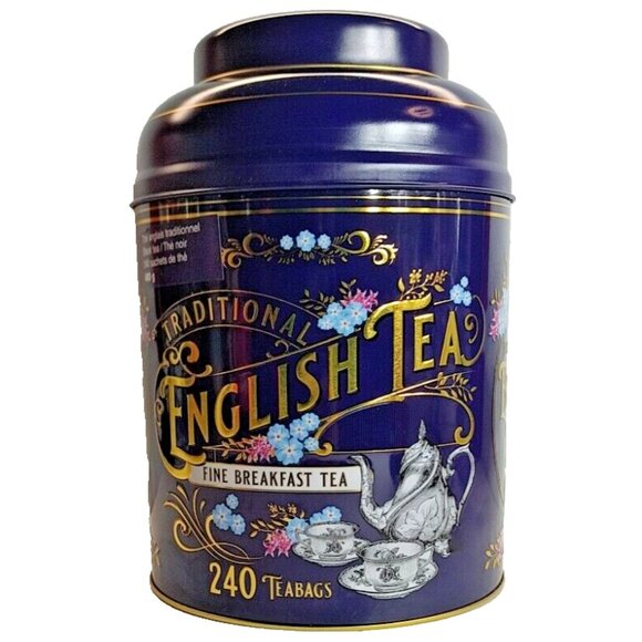 English Tea Tin Navy Blue Victorian Style Round Large Decorative Storage Empty - Picture 7 of 7